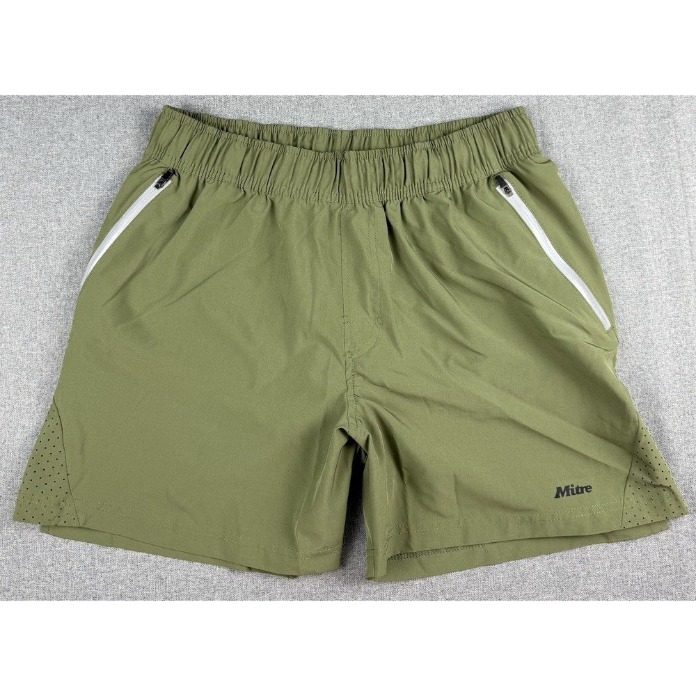 Mitre Mens Medium Olive Athletic Running Shorts Zip Pockets Performance Gym